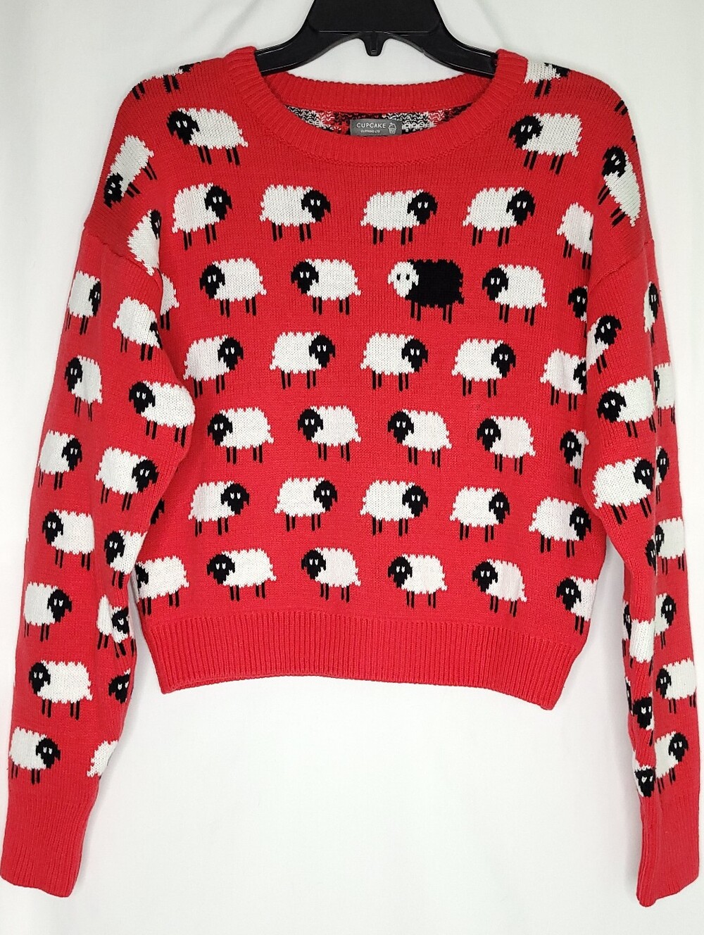 CUPCAKE Clothing Women's Red Crewneck Sweater With Allover Sheep Motif MEDIUM